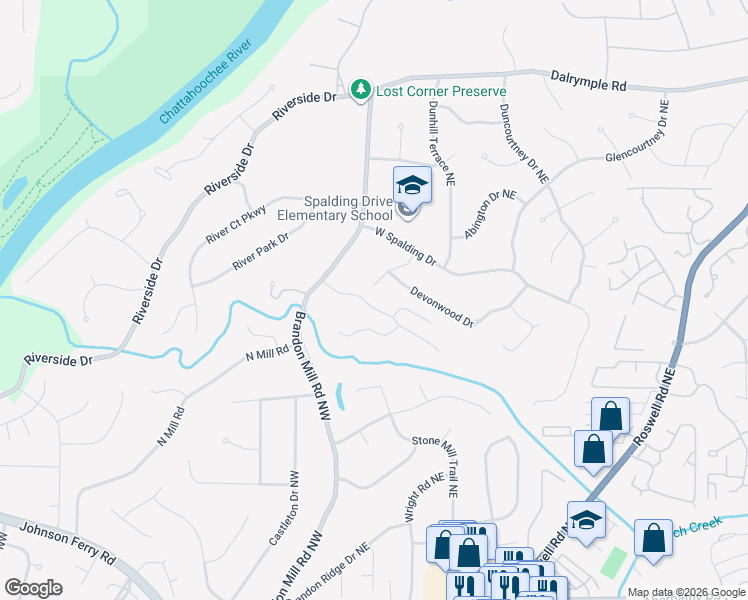 map of restaurants, bars, coffee shops, grocery stores, and more near 90 Seville Chase in Atlanta