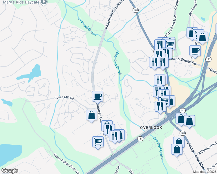 map of restaurants, bars, coffee shops, grocery stores, and more near 203 Glenleaf Drive in Norcross