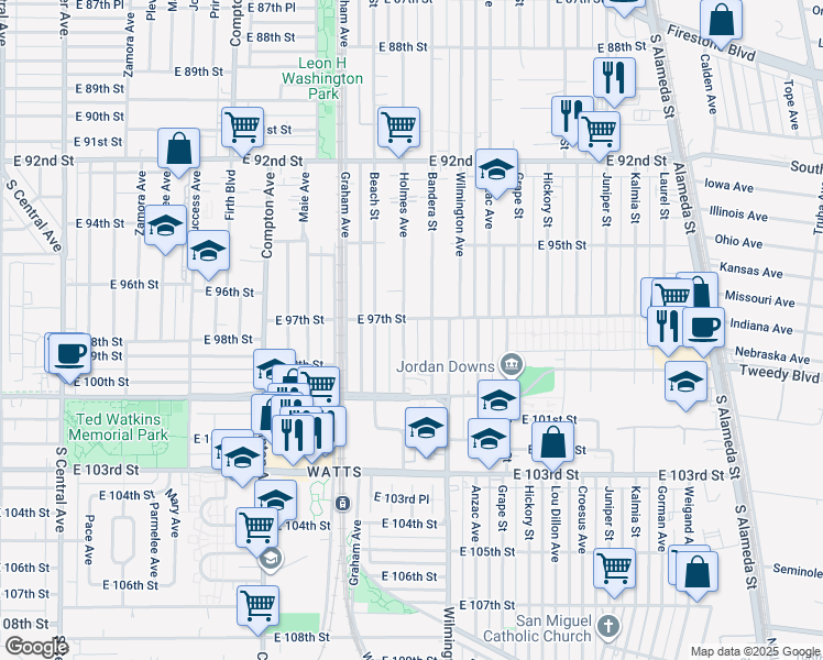 map of restaurants, bars, coffee shops, grocery stores, and more near 9702 Holmes Avenue in Los Angeles