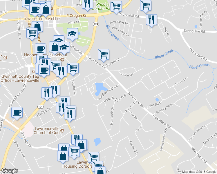 map of restaurants, bars, coffee shops, grocery stores, and more near 271 Mission Walk in Lawrenceville