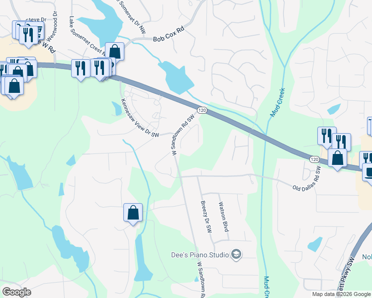 map of restaurants, bars, coffee shops, grocery stores, and more near 323 Rosemont Park Lane in Marietta