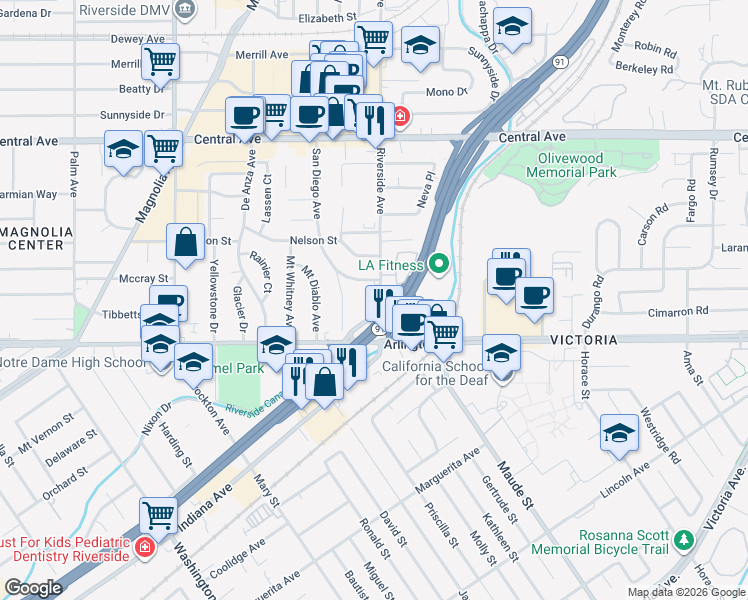 map of restaurants, bars, coffee shops, grocery stores, and more near 6517 Riverside Avenue in Riverside
