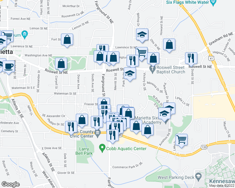 map of restaurants, bars, coffee shops, grocery stores, and more near 642-A-B Armstrong Street SouthEast in Marietta