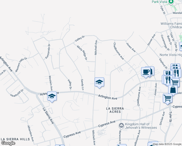 map of restaurants, bars, coffee shops, grocery stores, and more near 6552 Mitchell Avenue in Riverside