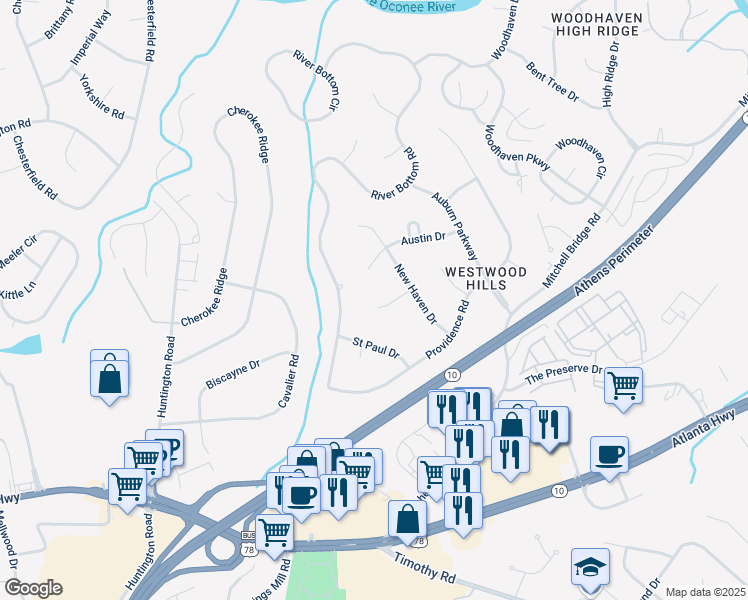 map of restaurants, bars, coffee shops, grocery stores, and more near 140 Urbana Way in Athens