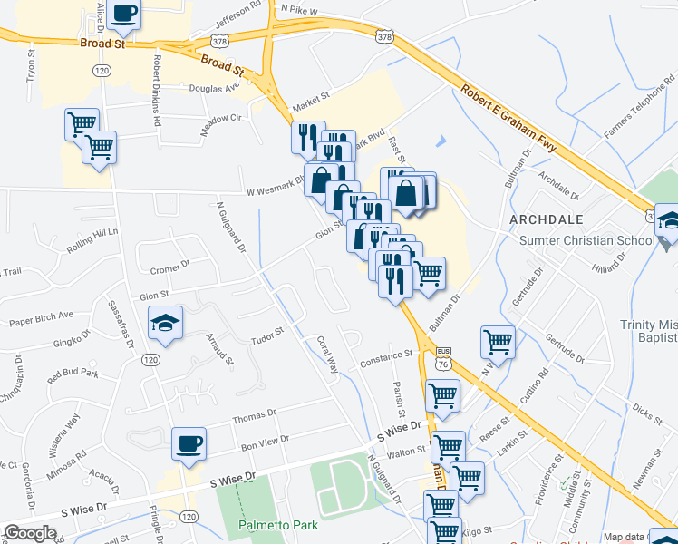 map of restaurants, bars, coffee shops, grocery stores, and more near 842 Jessamine Trail in Sumter