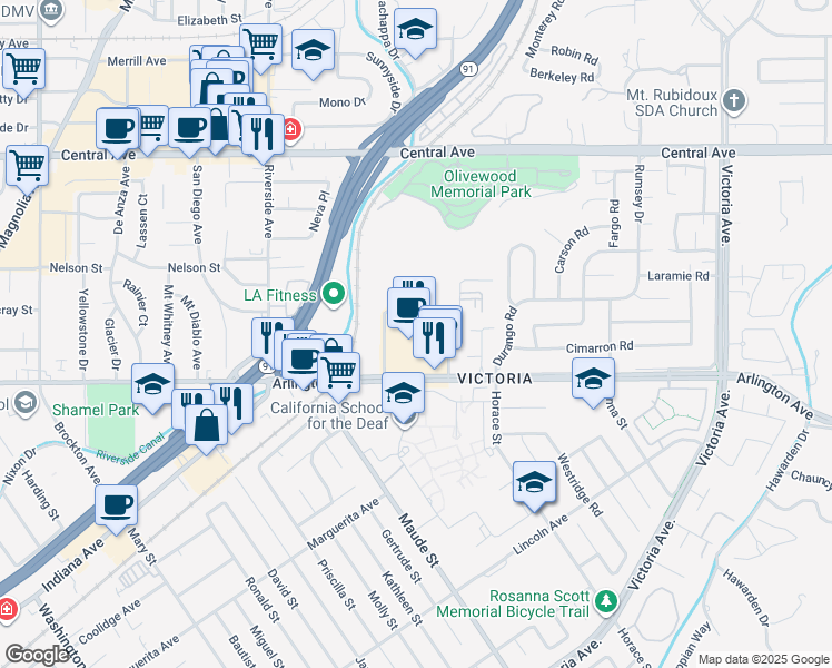 map of restaurants, bars, coffee shops, grocery stores, and more near 3333 Arlington Avenue in Riverside