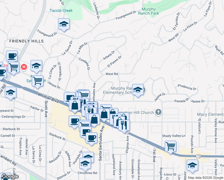 map of restaurants, bars, coffee shops, grocery stores, and more near 9930 Mollyknoll Avenue in Whittier
