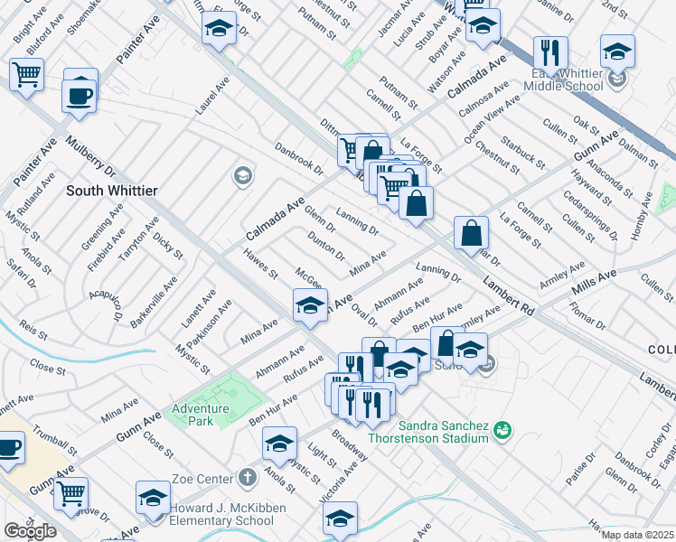 map of restaurants, bars, coffee shops, grocery stores, and more near 14039 Oval Drive in Whittier