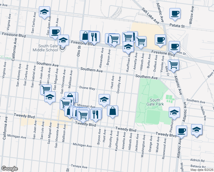 map of restaurants, bars, coffee shops, grocery stores, and more near 9330 Bryson Avenue in South Gate