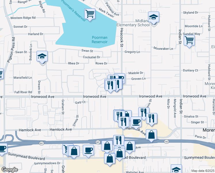 map of restaurants, bars, coffee shops, grocery stores, and more near 23820 Ironwood Avenue in Moreno Valley