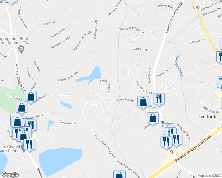 map of restaurants, bars, coffee shops, grocery stores, and more near 918 Ashley Lakes Drive in Peachtree Corners