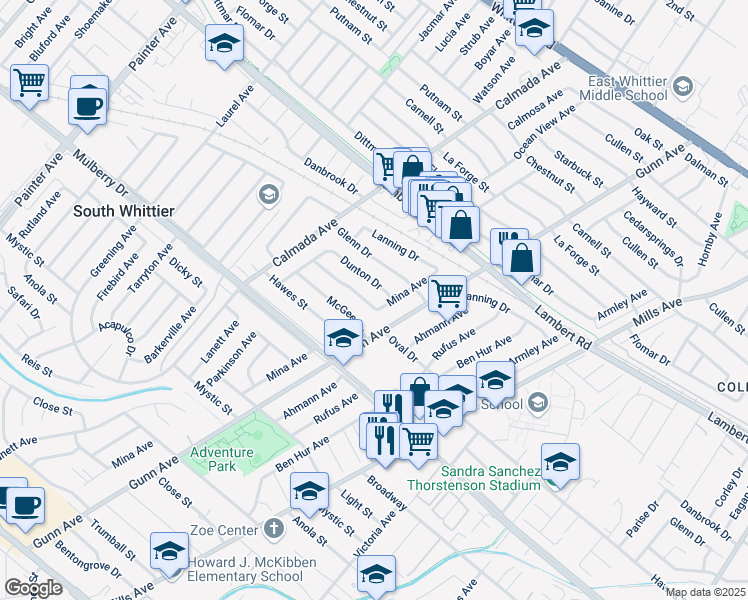 map of restaurants, bars, coffee shops, grocery stores, and more near 14039 Oval Drive in Whittier