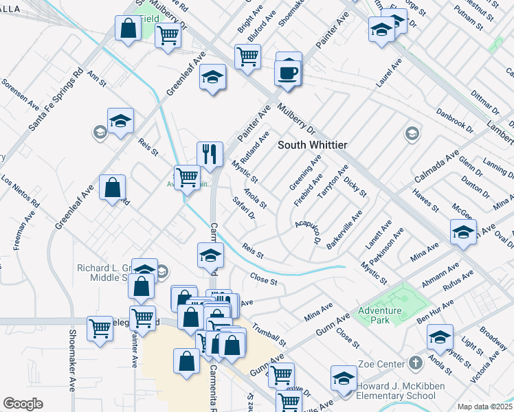 map of restaurants, bars, coffee shops, grocery stores, and more near 13426 Anola Street in Whittier