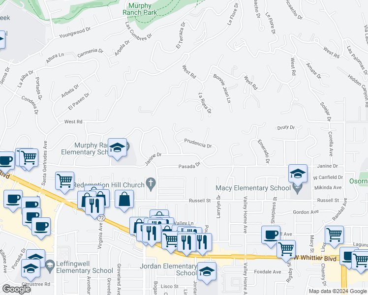 map of restaurants, bars, coffee shops, grocery stores, and more near 9912 Newcomb Avenue in Whittier