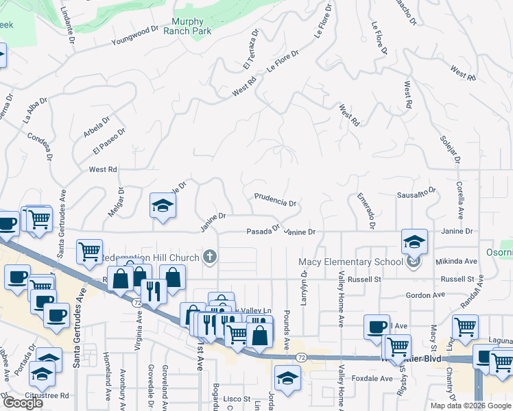 map of restaurants, bars, coffee shops, grocery stores, and more near 9912 Newcomb Avenue in Whittier