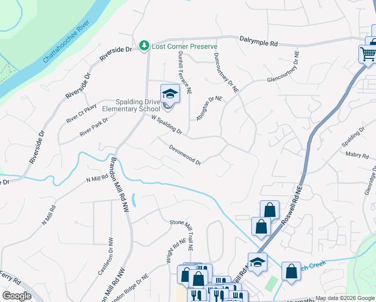 map of restaurants, bars, coffee shops, grocery stores, and more near 200 Devonwood Drive in Atlanta