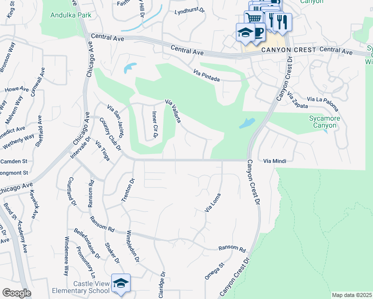 map of restaurants, bars, coffee shops, grocery stores, and more near 5665 Vía Mensabe in Riverside