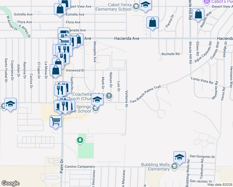 map of restaurants, bars, coffee shops, grocery stores, and more near 13827 Luis Drive in Desert Hot Springs