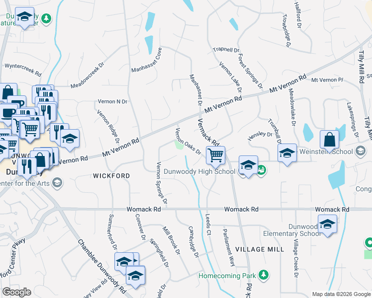 map of restaurants, bars, coffee shops, grocery stores, and more near 5098 Vernon Oaks Drive in Dunwoody