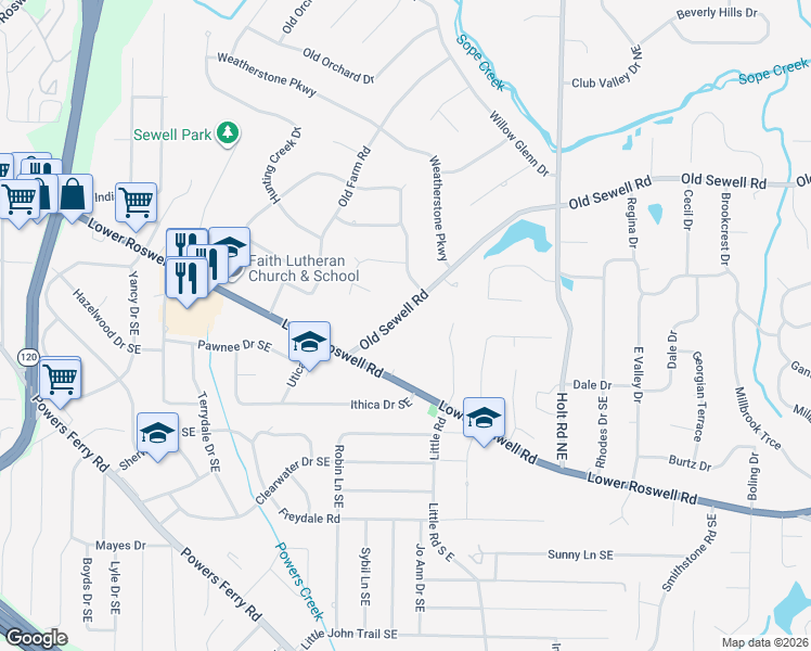 map of restaurants, bars, coffee shops, grocery stores, and more near 2280 Old Sewell Road in Marietta
