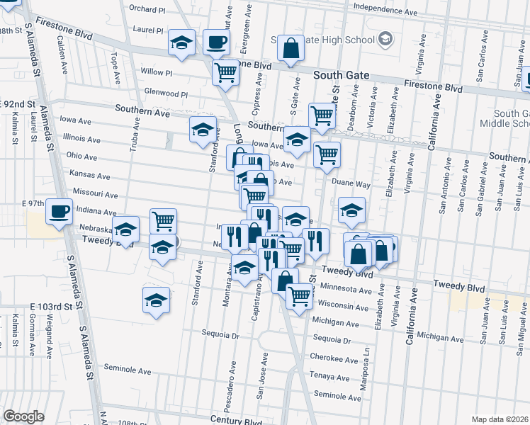 map of restaurants, bars, coffee shops, grocery stores, and more near 9636 Long Beach Boulevard in South Gate