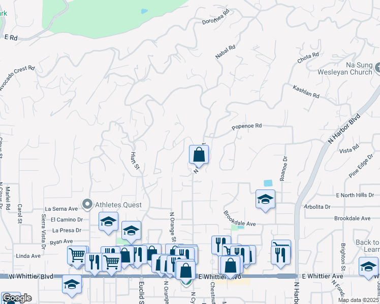 map of restaurants, bars, coffee shops, grocery stores, and more near 1281 Mayapan Road in La Habra Heights