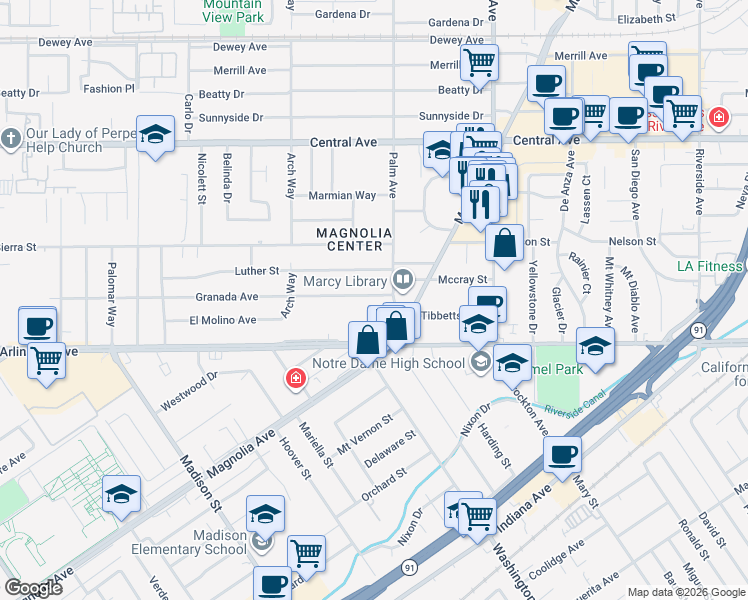 map of restaurants, bars, coffee shops, grocery stores, and more near 4538 Granada Avenue in Riverside