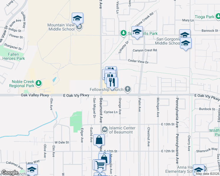 map of restaurants, bars, coffee shops, grocery stores, and more near 1420 Beaumont Avenue in Beaumont