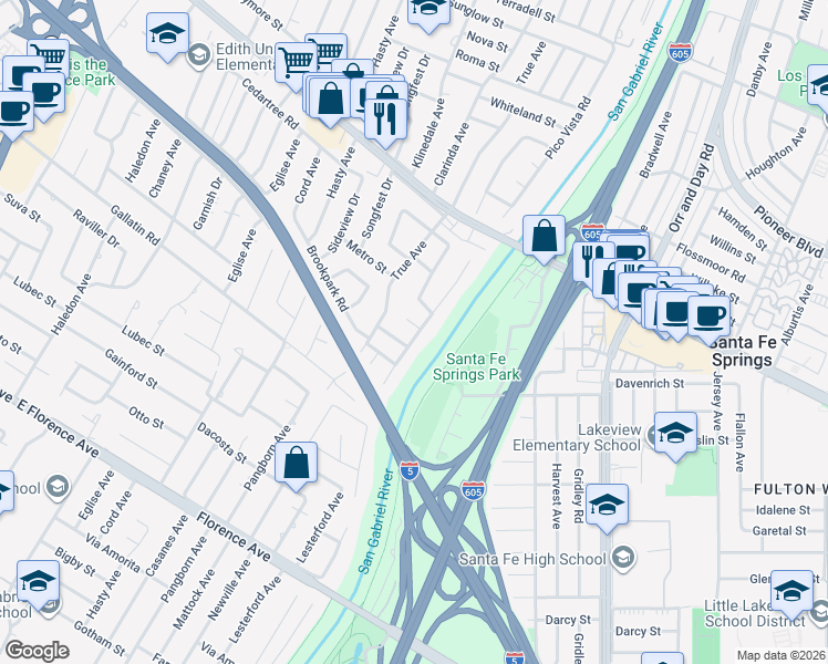 map of restaurants, bars, coffee shops, grocery stores, and more near 9732 Brookgreen Road in Downey