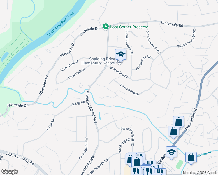 map of restaurants, bars, coffee shops, grocery stores, and more near 90 Seville Chase in Atlanta