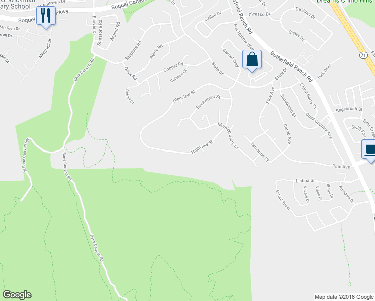 map of restaurants, bars, coffee shops, grocery stores, and more near 5044 Highview Street in Chino Hills