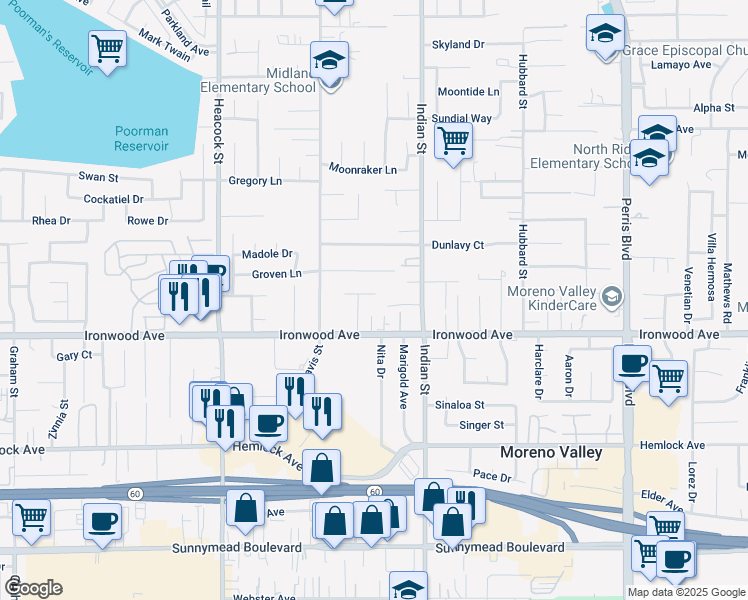 map of restaurants, bars, coffee shops, grocery stores, and more near 24385 Kimberly Avenue in Moreno Valley