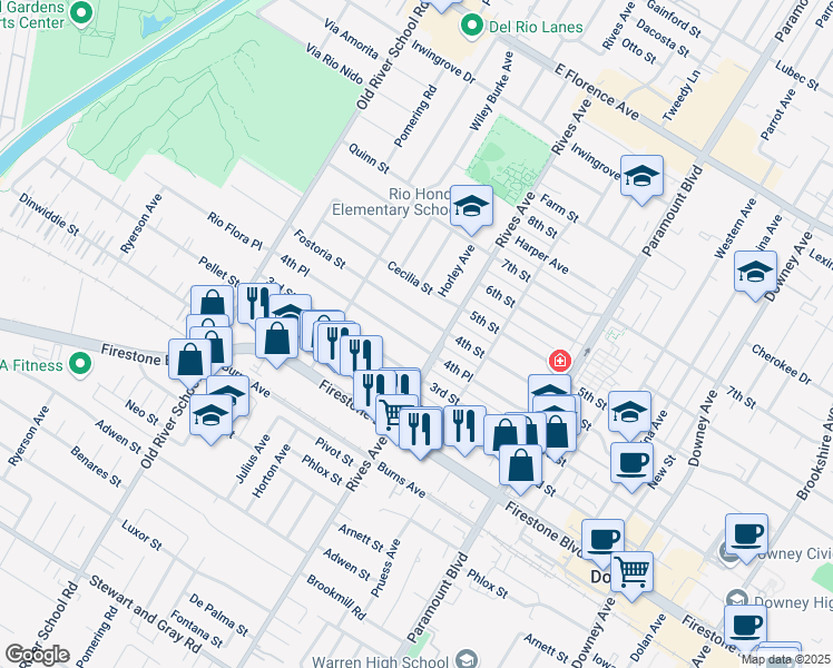 map of restaurants, bars, coffee shops, grocery stores, and more near 7705 4th Place in Downey