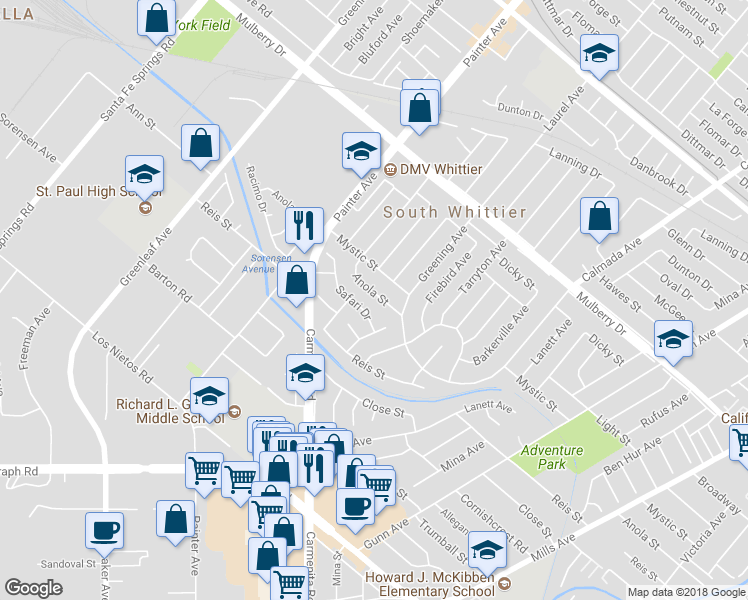 map of restaurants, bars, coffee shops, grocery stores, and more near 13426 Anola Street in Whittier