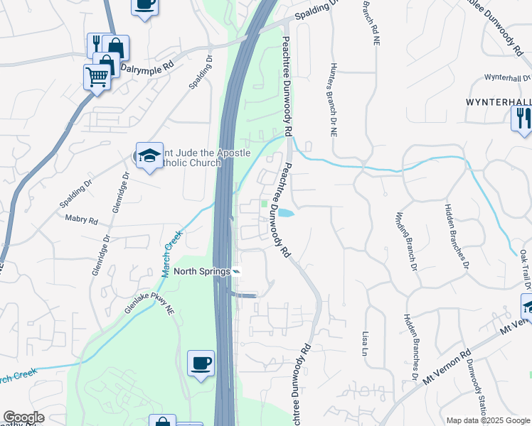 map of restaurants, bars, coffee shops, grocery stores, and more near 7150 Peachtree Dunwoody Road in Atlanta