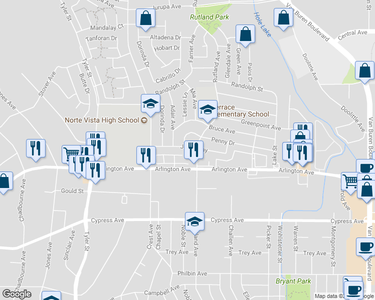 map of restaurants, bars, coffee shops, grocery stores, and more near 9200 Jo Jo Way in Riverside
