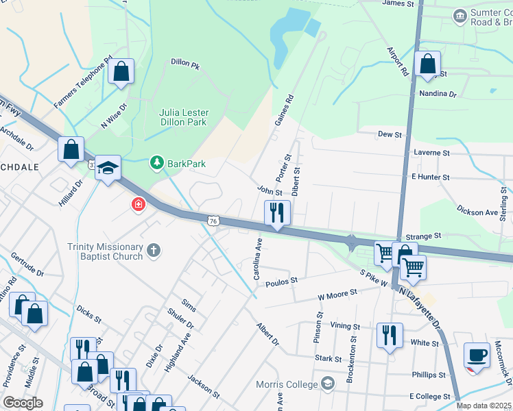 map of restaurants, bars, coffee shops, grocery stores, and more near 245 North Pike West in Sumter