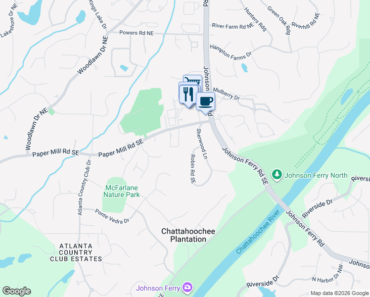 map of restaurants, bars, coffee shops, grocery stores, and more near 110 Robin Road Southeast in Marietta