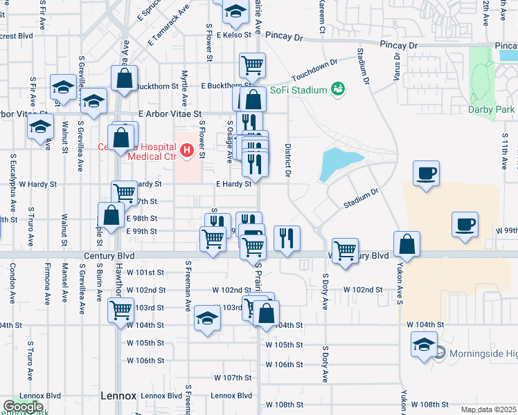 map of restaurants, bars, coffee shops, grocery stores, and more near Prairie Avenue & East 97th Street in Inglewood