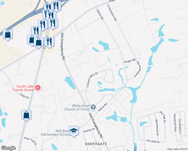 map of restaurants, bars, coffee shops, grocery stores, and more near 360 Colony Lakes Drive in Lexington