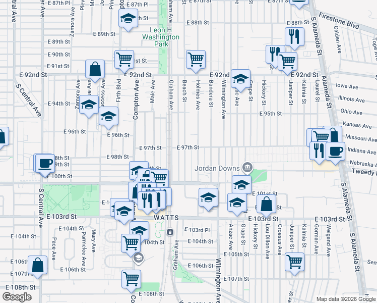 map of restaurants, bars, coffee shops, grocery stores, and more near 9706 Beach Street in Los Angeles
