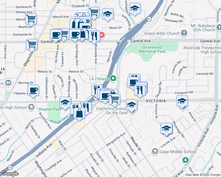 map of restaurants, bars, coffee shops, grocery stores, and more near 3439 Arlington Avenue in Riverside