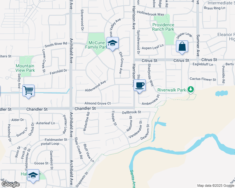 map of restaurants, bars, coffee shops, grocery stores, and more near 7711 Nut Grove Court in Corona