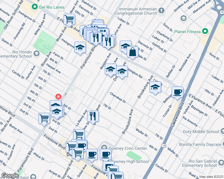 map of restaurants, bars, coffee shops, grocery stores, and more near 10446 Downey Avenue in Downey