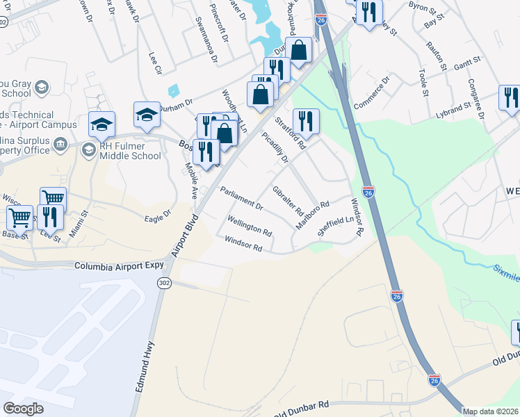 map of restaurants, bars, coffee shops, grocery stores, and more near 2006 Parliament Drive in Cayce