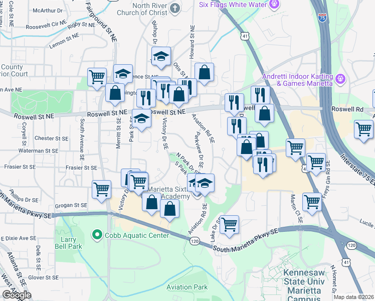 map of restaurants, bars, coffee shops, grocery stores, and more near 824 Mimosa Drive Southeast in Marietta