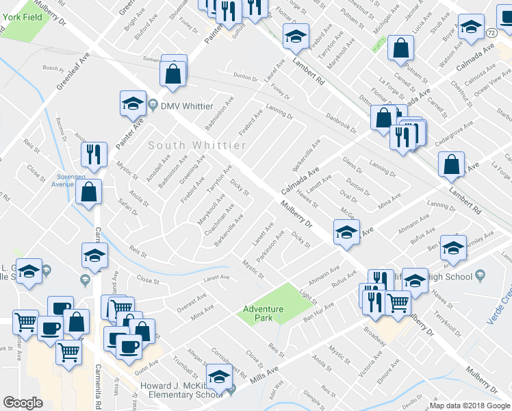 map of restaurants, bars, coffee shops, grocery stores, and more near 9432 Barkerville Avenue in Whittier