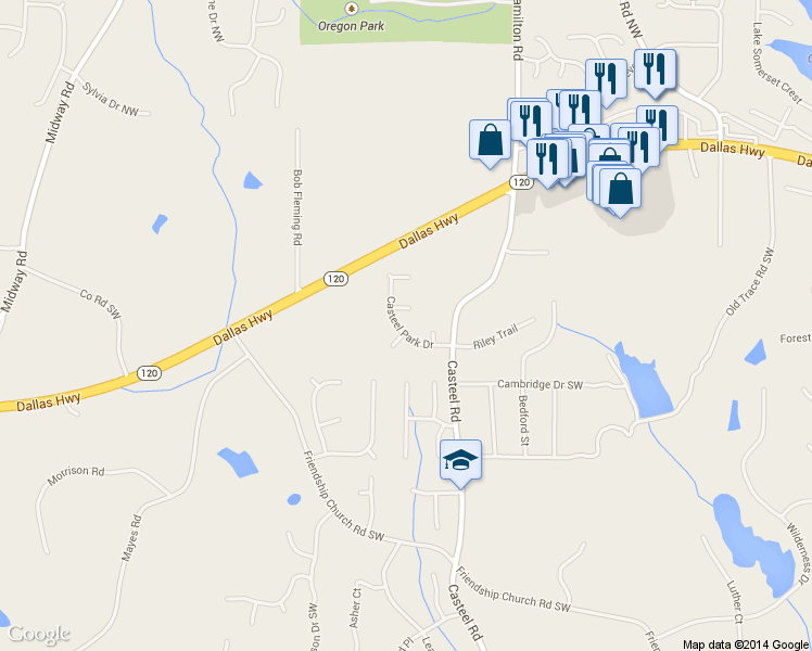 map of restaurants, bars, coffee shops, grocery stores, and more near 3714 Casteel Park Drive Southwest in Marietta