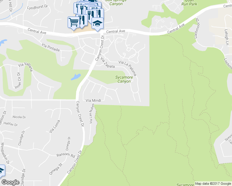 map of restaurants, bars, coffee shops, grocery stores, and more near 5705 Vía Cervantes in Riverside